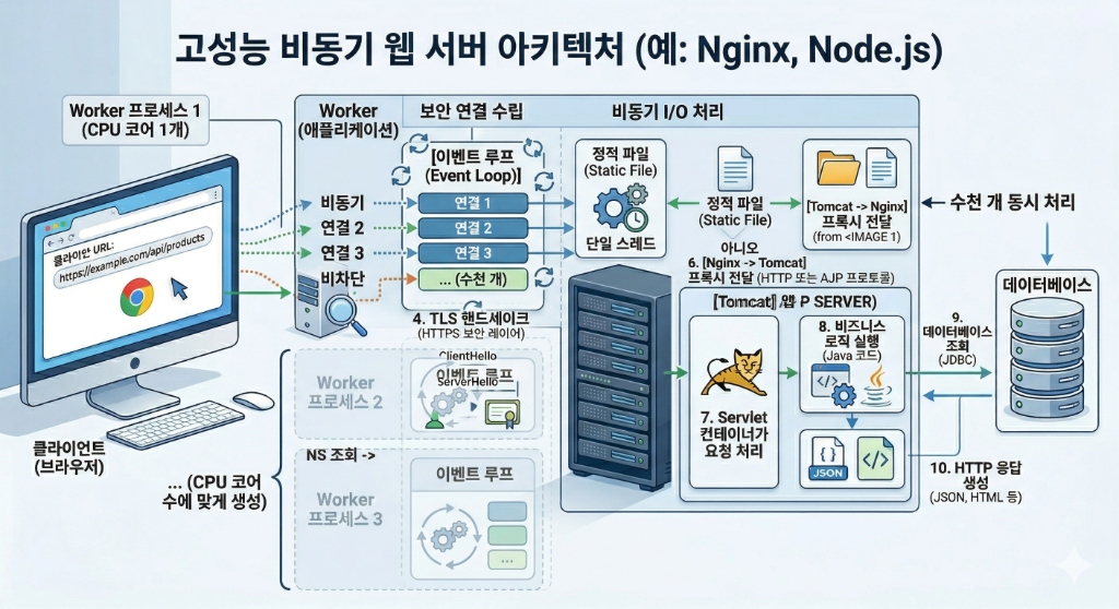 고성능 비동기 웹 서버 아키텍처 (예: Nginx, Node.js)